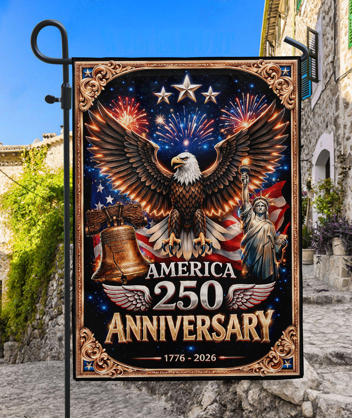 USA 250th Anniversary 1776-2026 Garden Flag Double Sided Patriotic Fireworks Liberty Design
