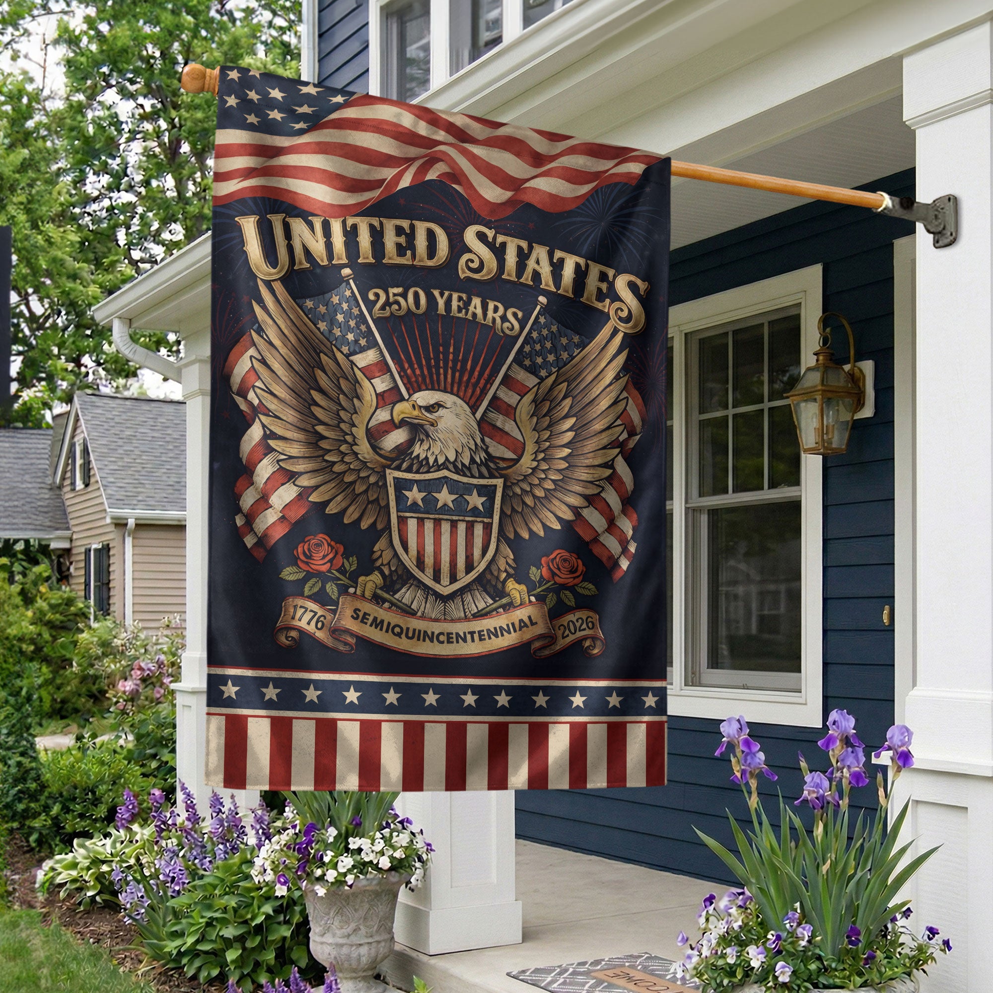 USA 250th Anniversary 1776-2026 House Flag Patriotic Eagle Roses Double Sided Yard Decor