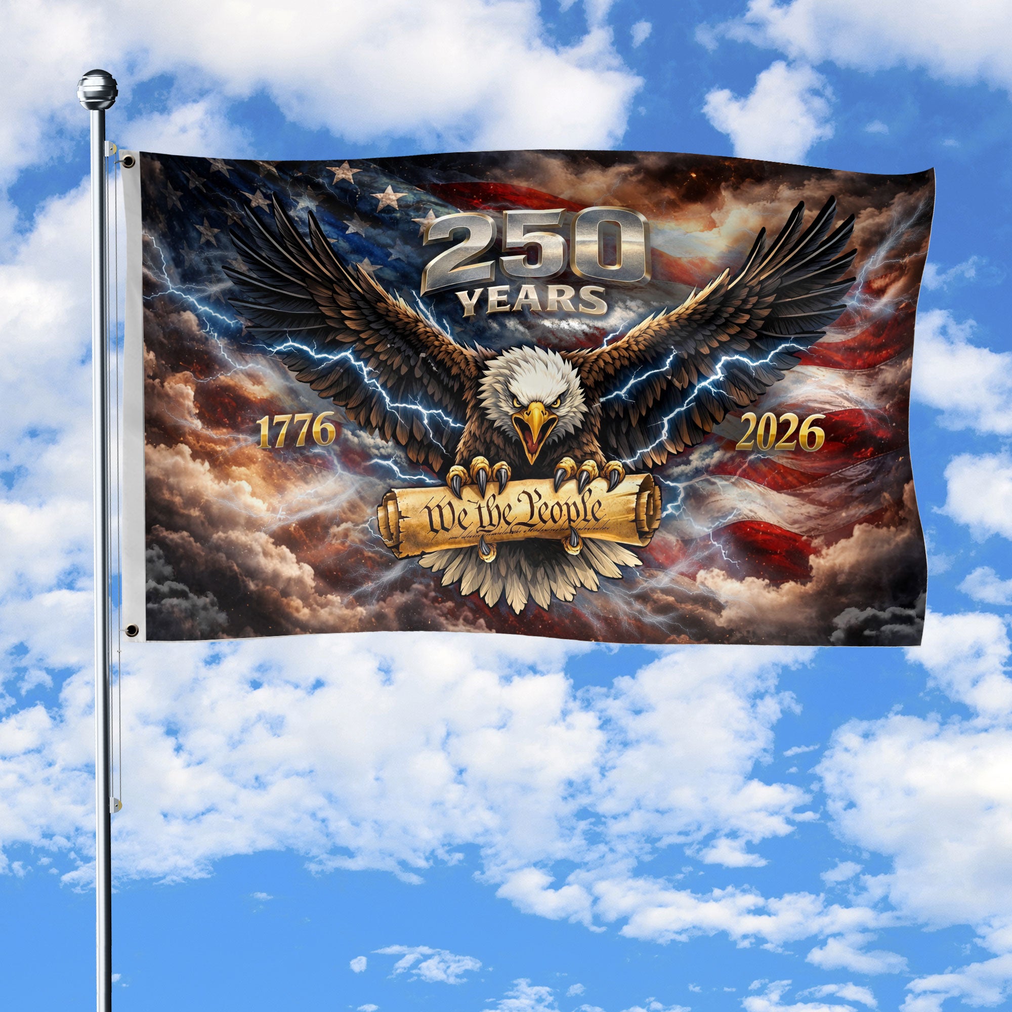 USA 250th Anniversary 1776-2026 House Flag Vintage Bootleg Eagle We The People Lightning Double Sided