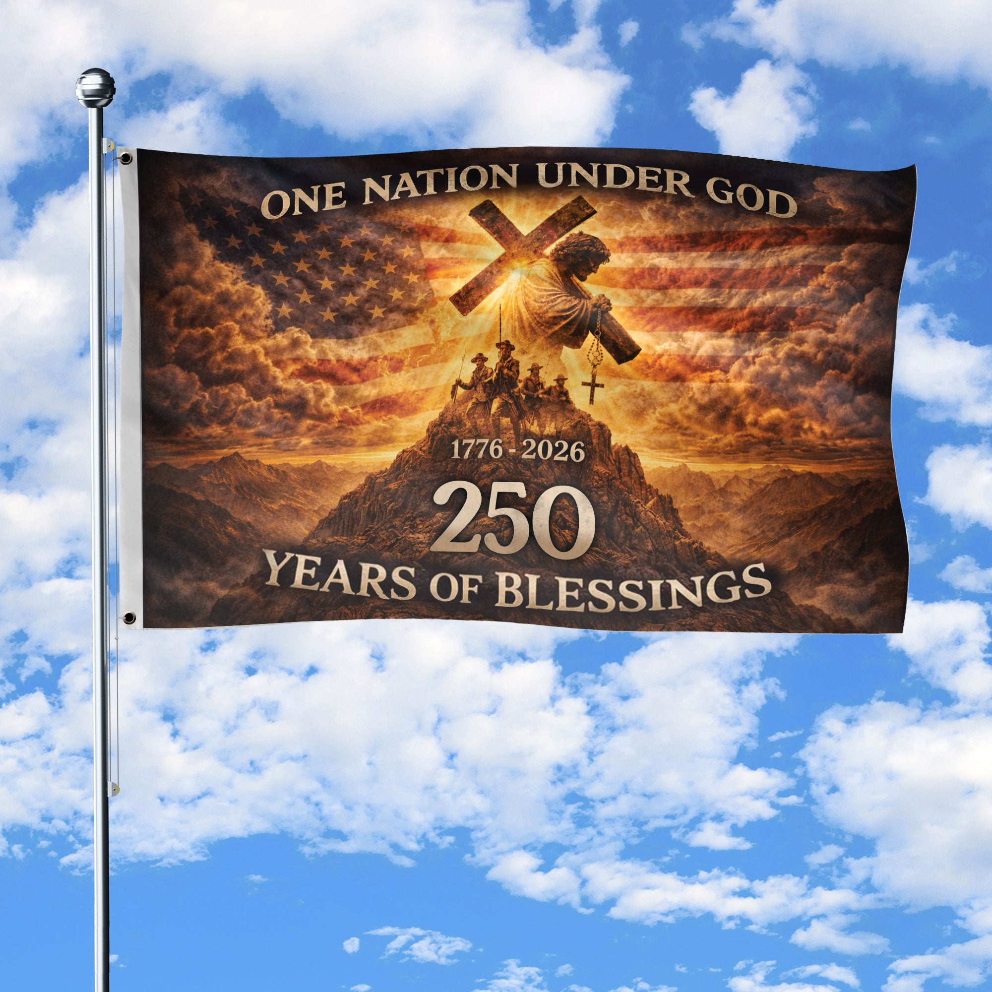 USA 250th Anniversary Double Sided House Flag 1776-2026 One Nation Under God Jesus Soldiers