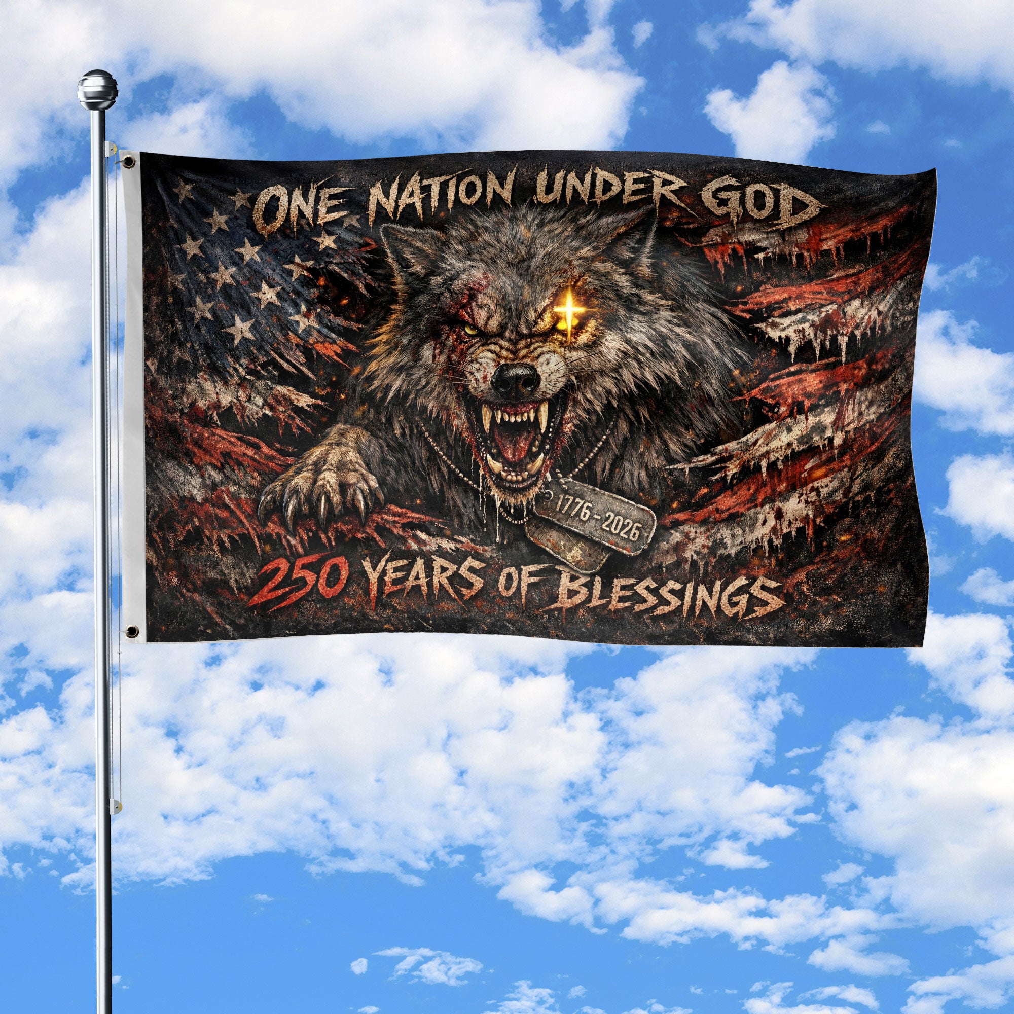 USA 250th Anniversary Double-Sided Patriotic Wolf Flag 1776-2026 One Nation Under God Banner
