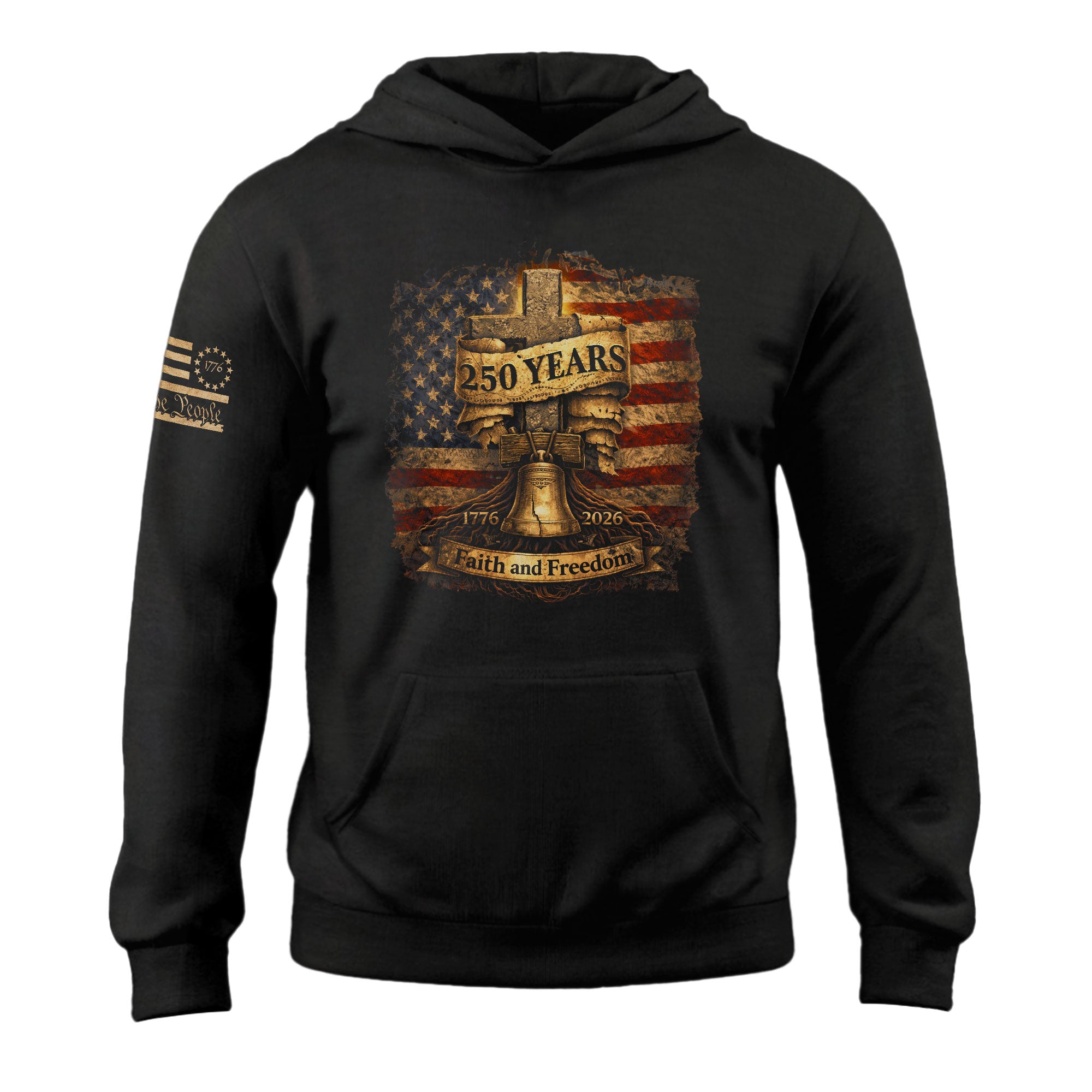 USA 250th Anniversary Hoodie 1776-2026 – Christian Faith and Freedom Cross & Liberty Bell Hoodie
