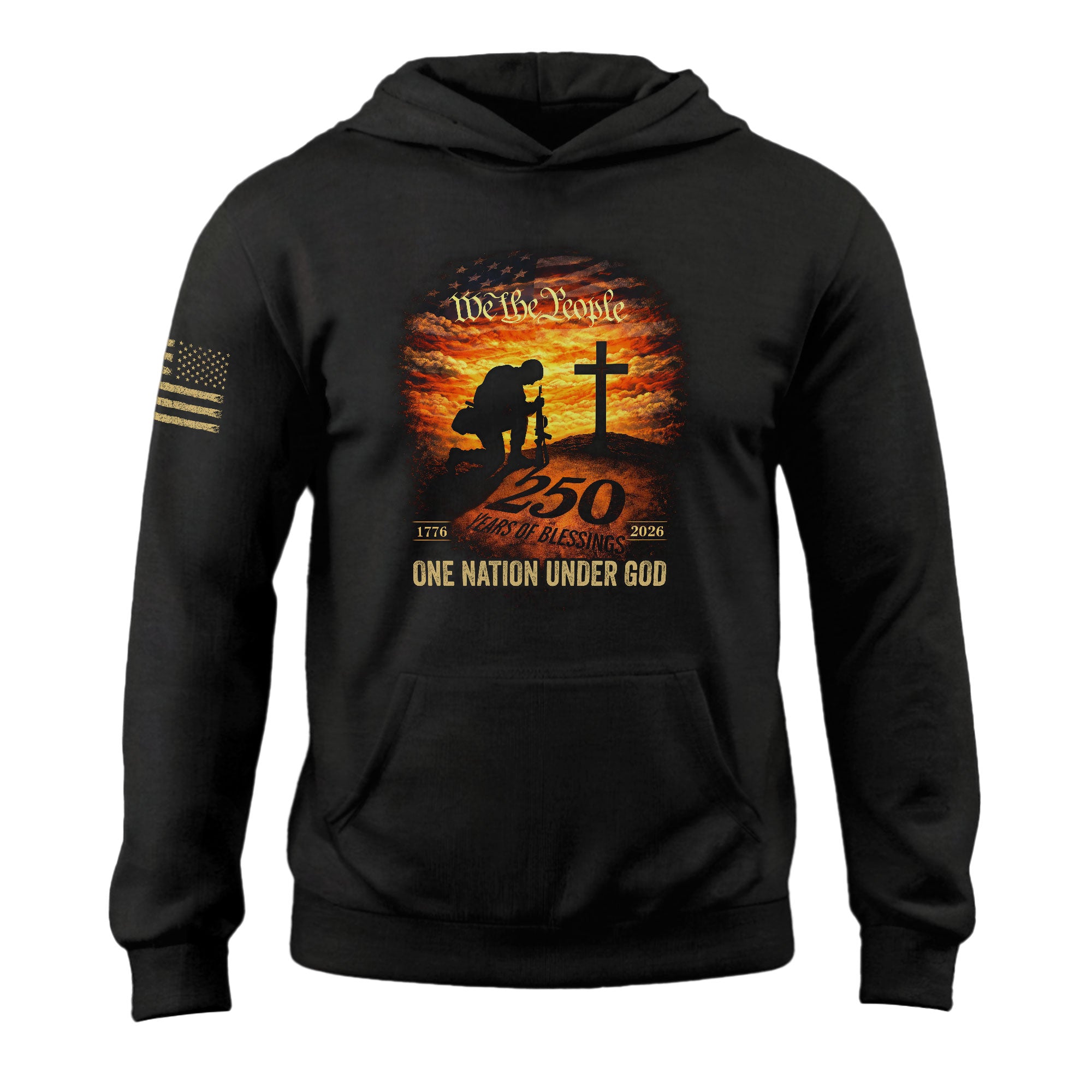 USA 250th Anniversary Hoodie 1776-2026 – One Nation Under God Kneeling Soldier Cross Hoodie