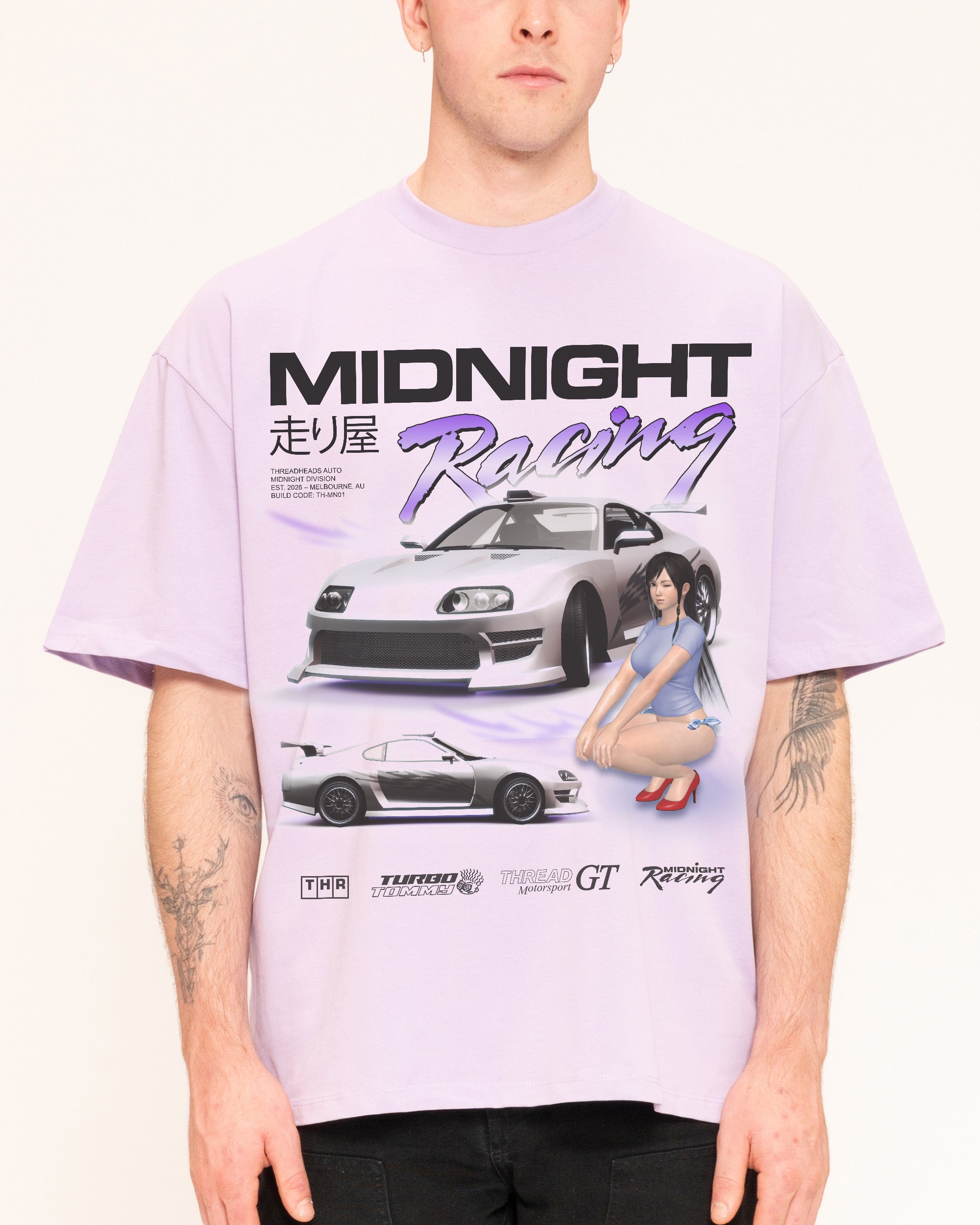 Midnight Racing Oversized Graphic Tee Unisex 90s Boxy Fit 100% Combed Cotton